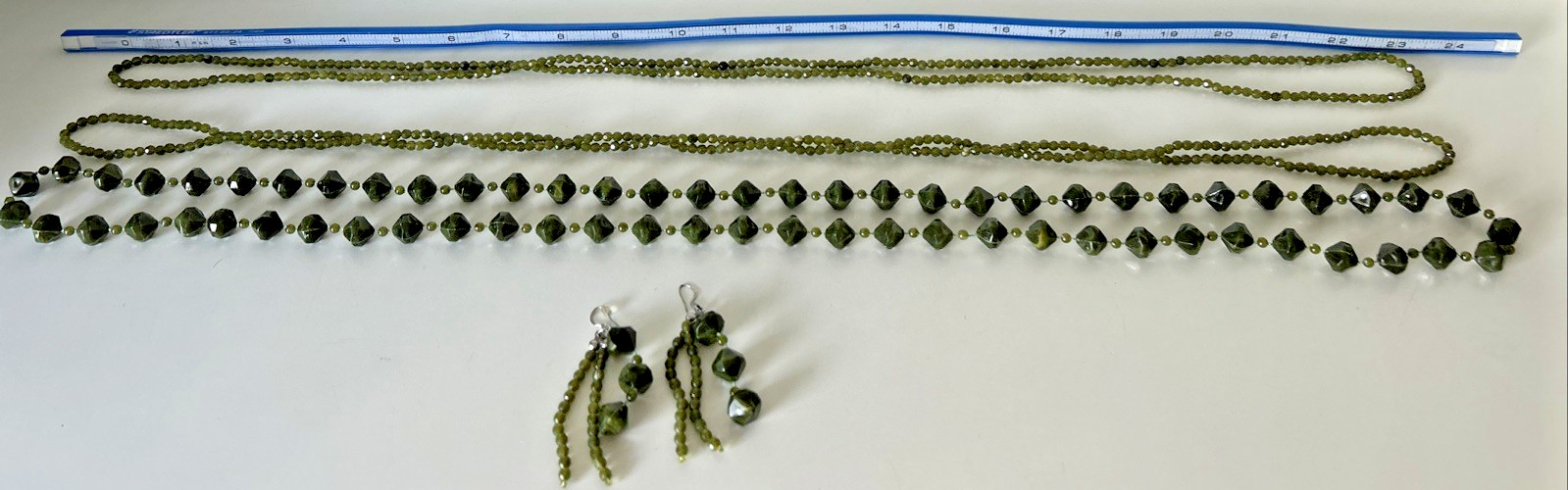 Vintage Long Lightweight Green Triple Beaded Necklace Earring Set