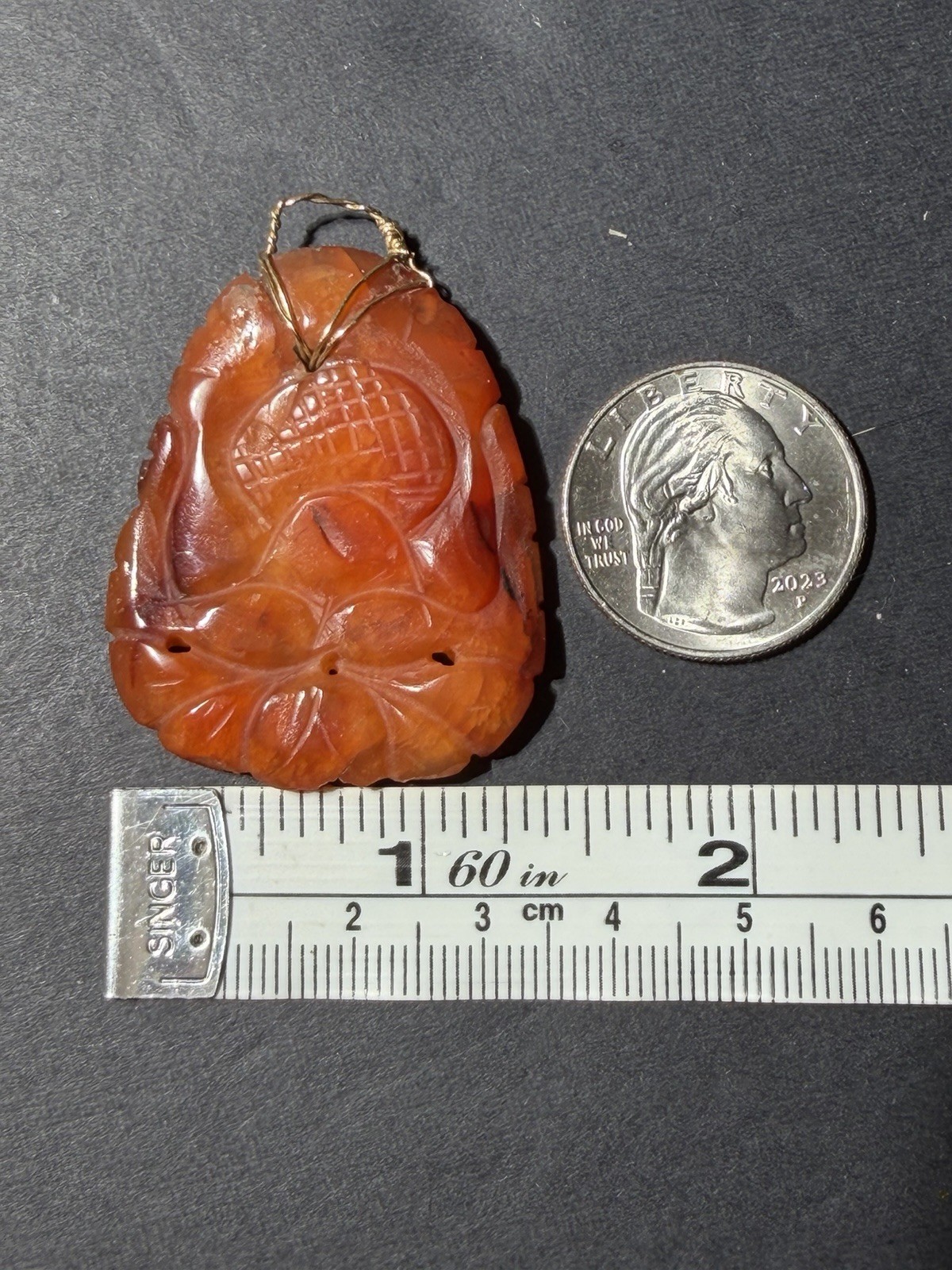 Vintage Carved Carnelian Stone Pendant 10k Solid Gold Wire Bail Old Repair