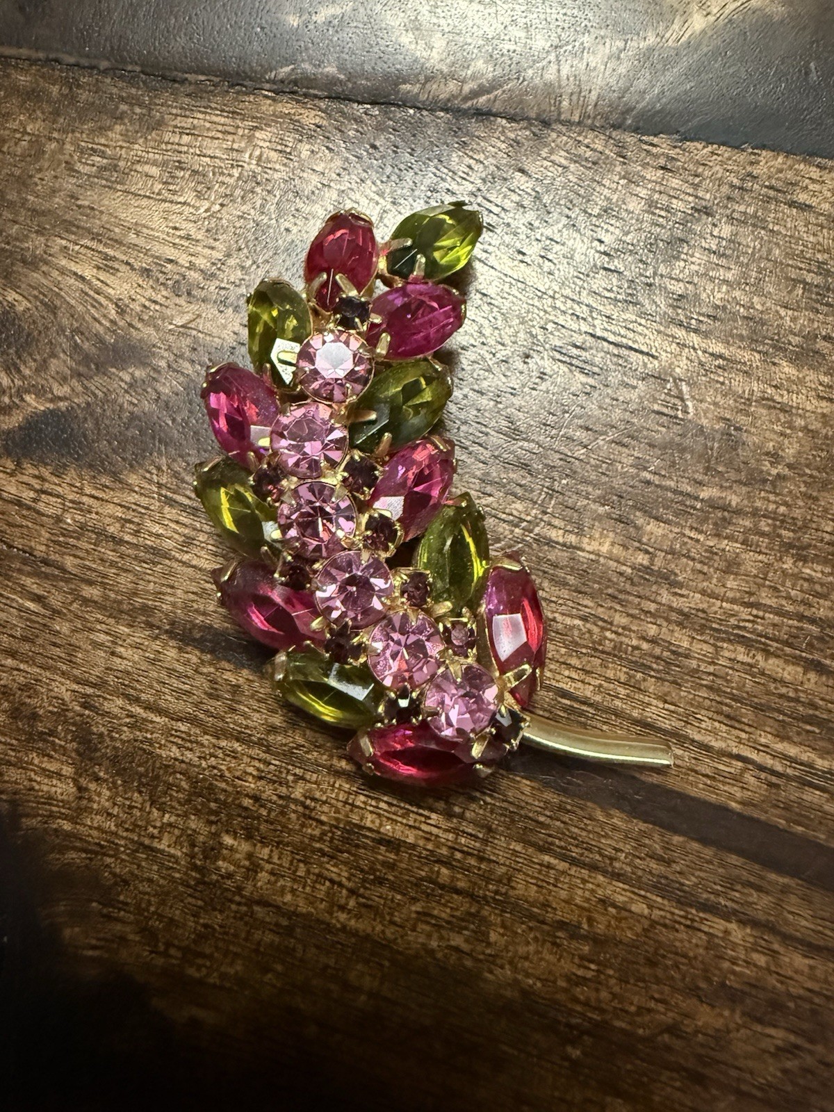 Vintage Gold Tone Domed Leaf Pin/Brooch w/ Pink and Green Prong Set Glass Stones