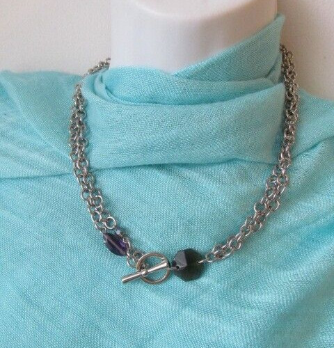 Silver Tone Double Chain Rolo Link Purple Beaded Front Toggle Necklace 19.75 In