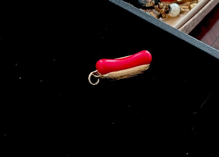 Avon Signed 1975 Hot Dog Gold Red Charm 1” “Put On The Dog” Enamel Pendant