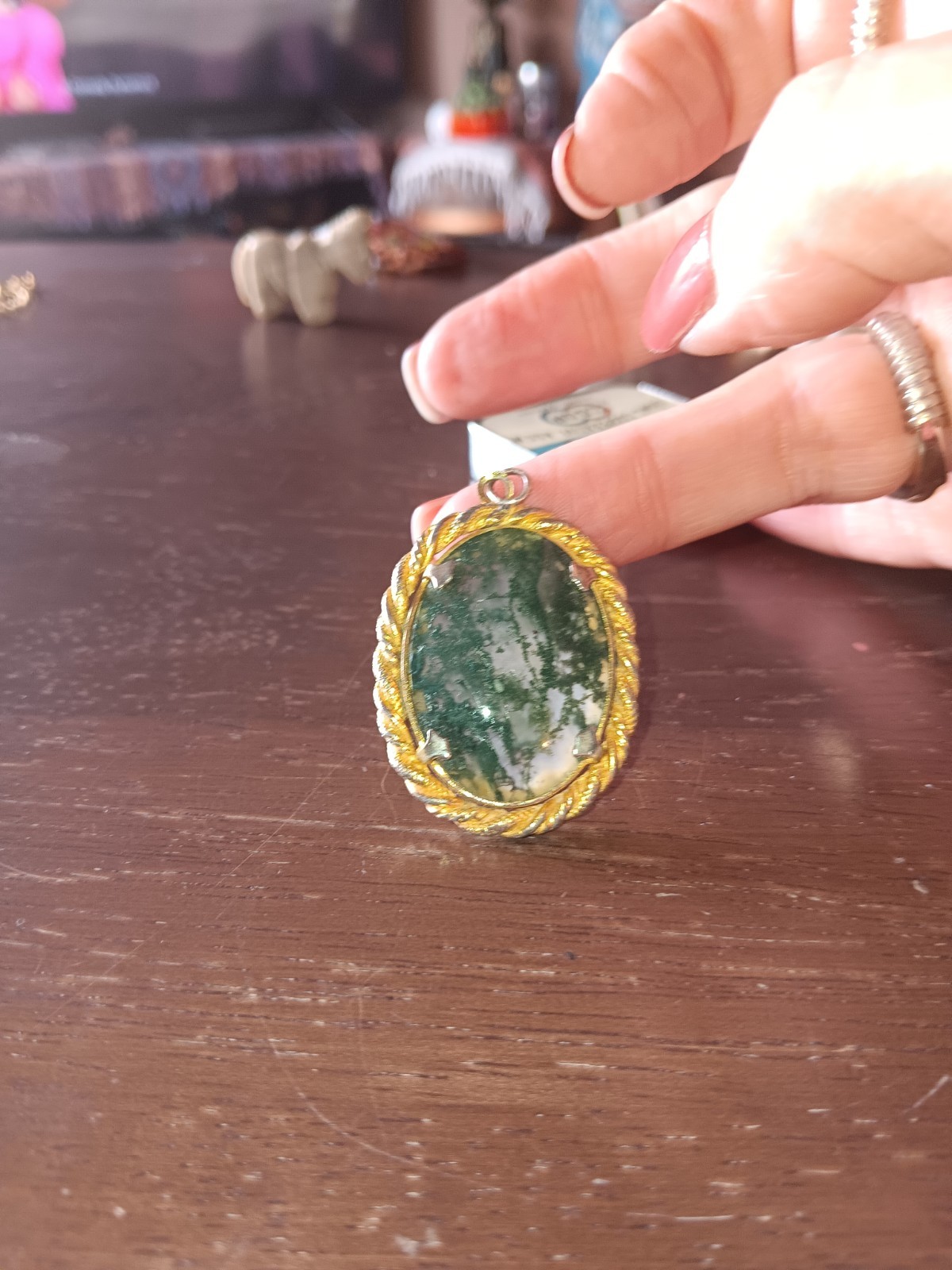 Vintage Moss Agate Pendant in goldtone setting.