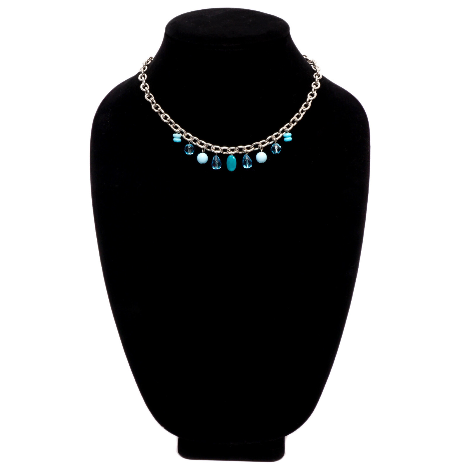 Necklace Aquamarine and Faceted Glass Crystals Silver Tone Chain Vintage