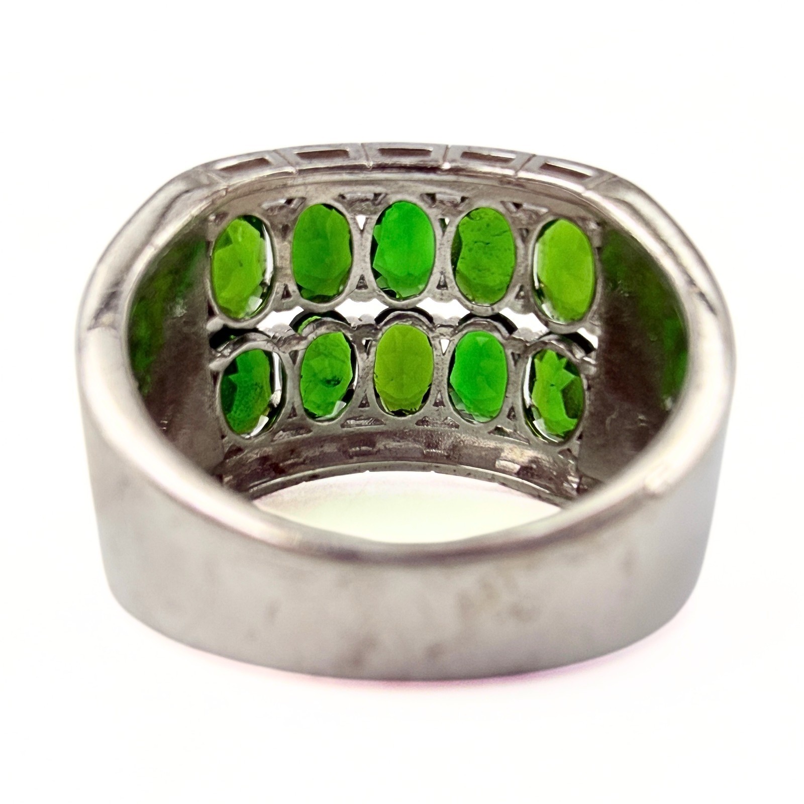 Marked DK Sterling Silver Double Row Diopside Green Iolite CZ Ring Sz 9.75