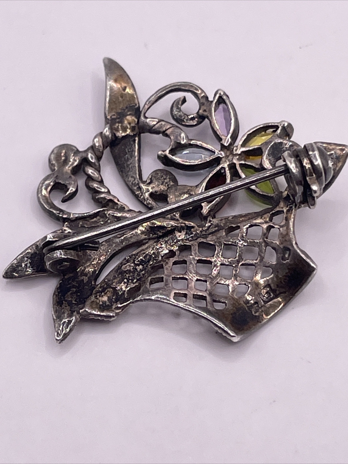 VTG Sterling Silver Marcasite Gemstone Flower Basket Brooch Pin Designer Signed