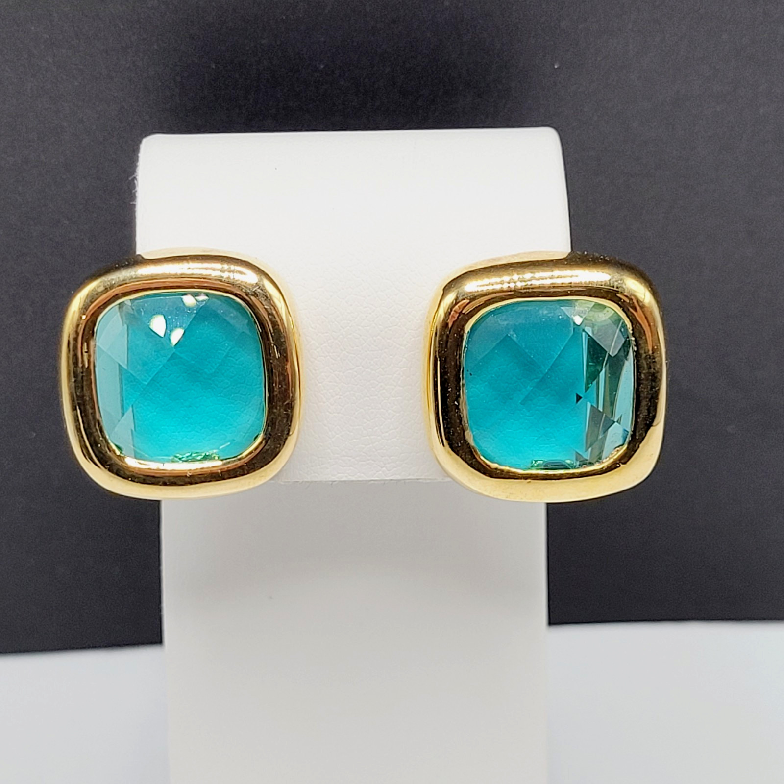 Aqua Light Blue Green Faceted Glass Soft Square Gold Tone Bezel Clip On Earrings