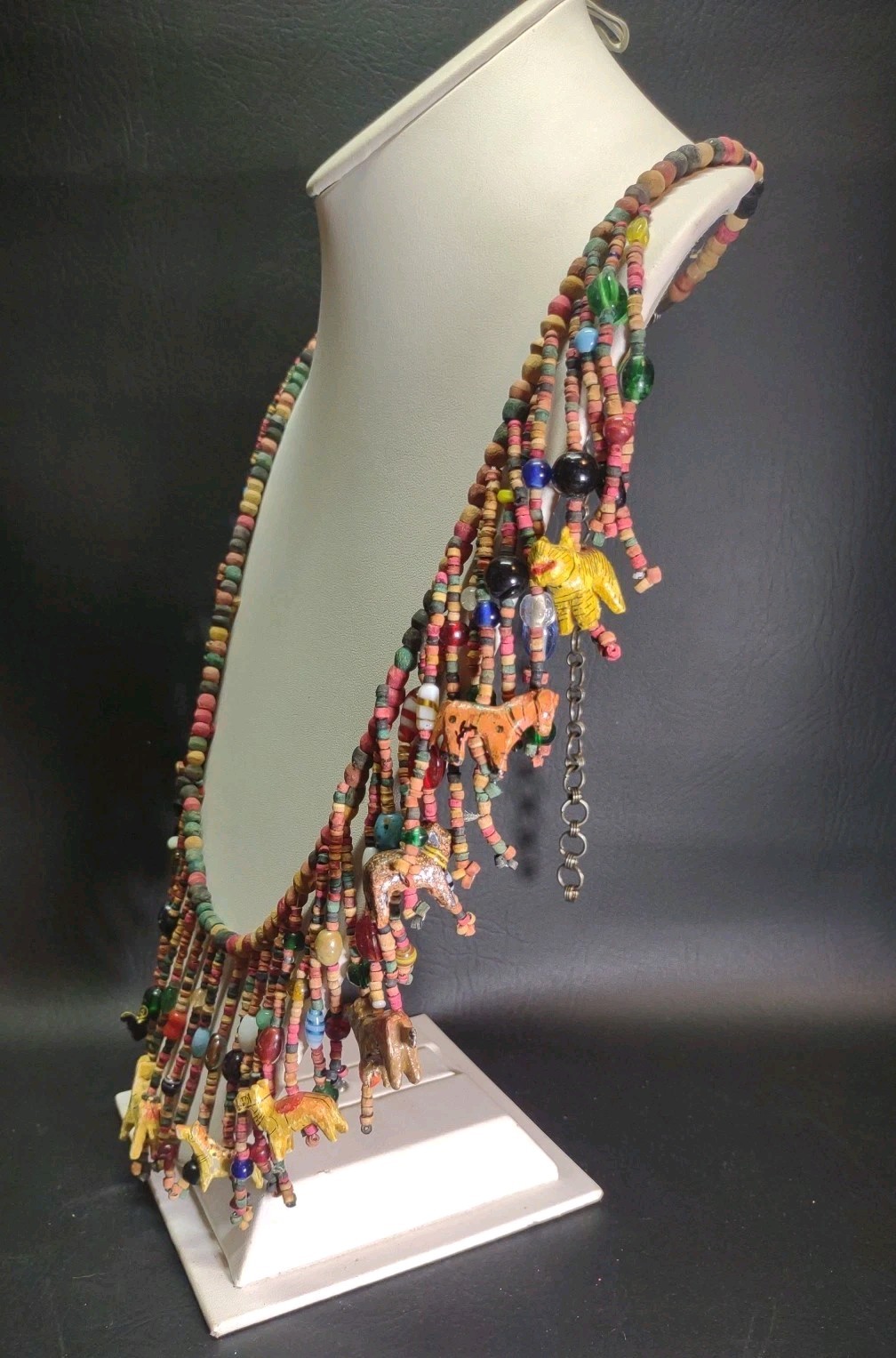 Vgt Africa Multi-Strand Drops Hand Carved Wood Animal Glass Beads Necklace Boho
