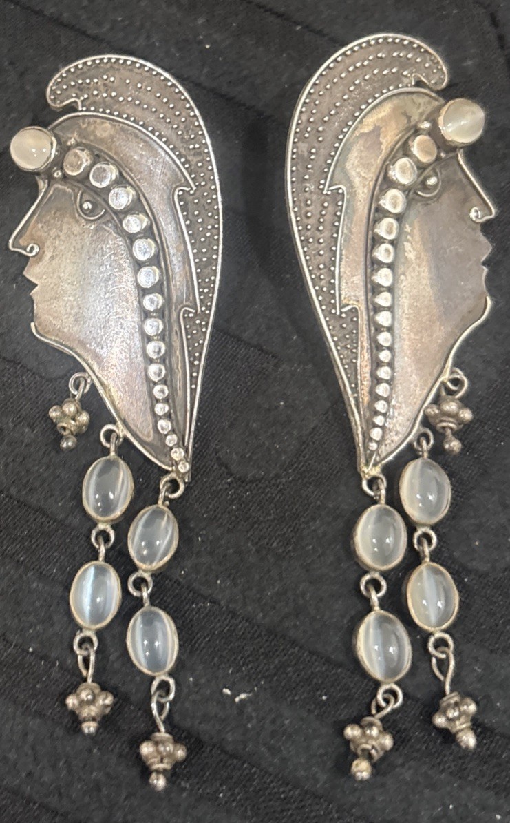 Vintage Unique Long Sterling Silver Tribal Face Cabochon Post Earrings 925