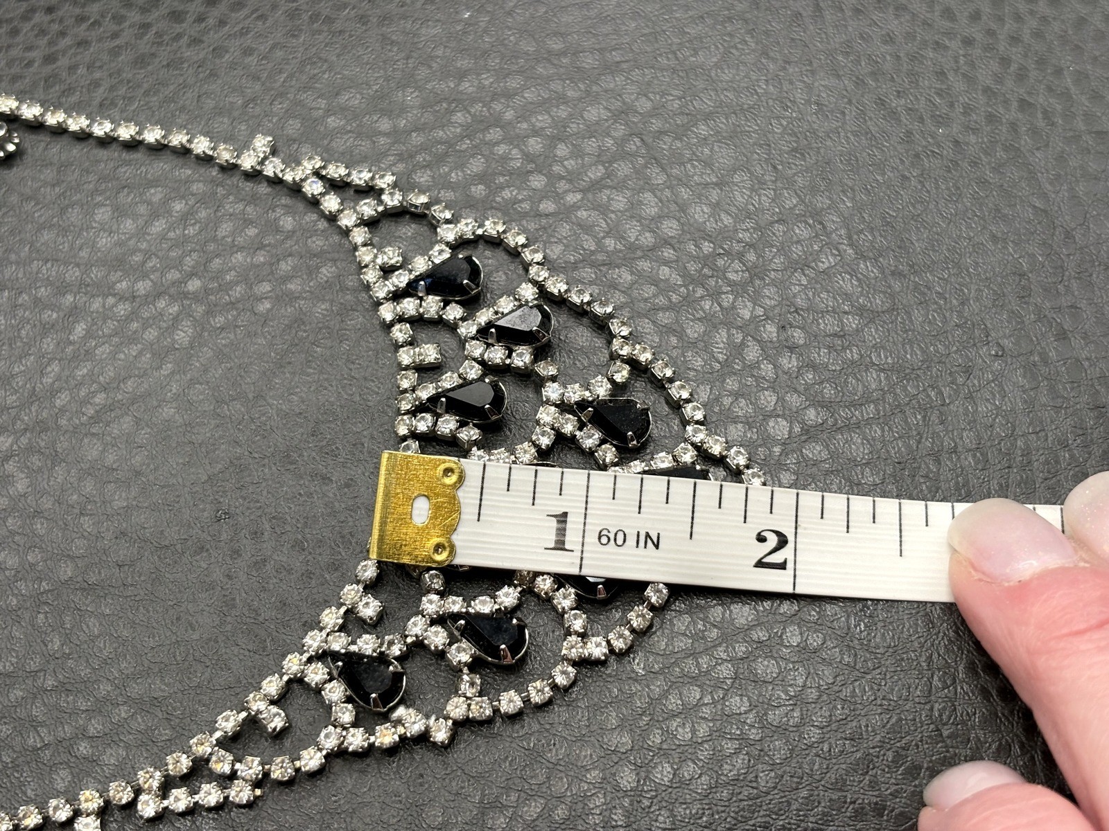 Vintage Rhinestone Crystal Black Clear Statement Necklace Silver Tone Bib READ