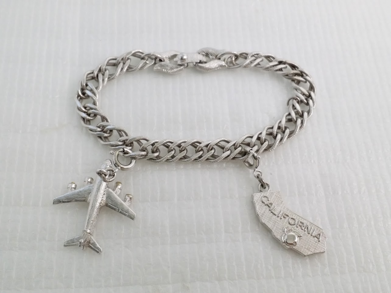 Vintage MONET Silver Tone California Airplane Travel Charm Starter Bracelet