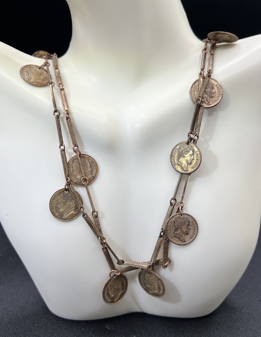 Vintage Copper Coin Necklace, 52”