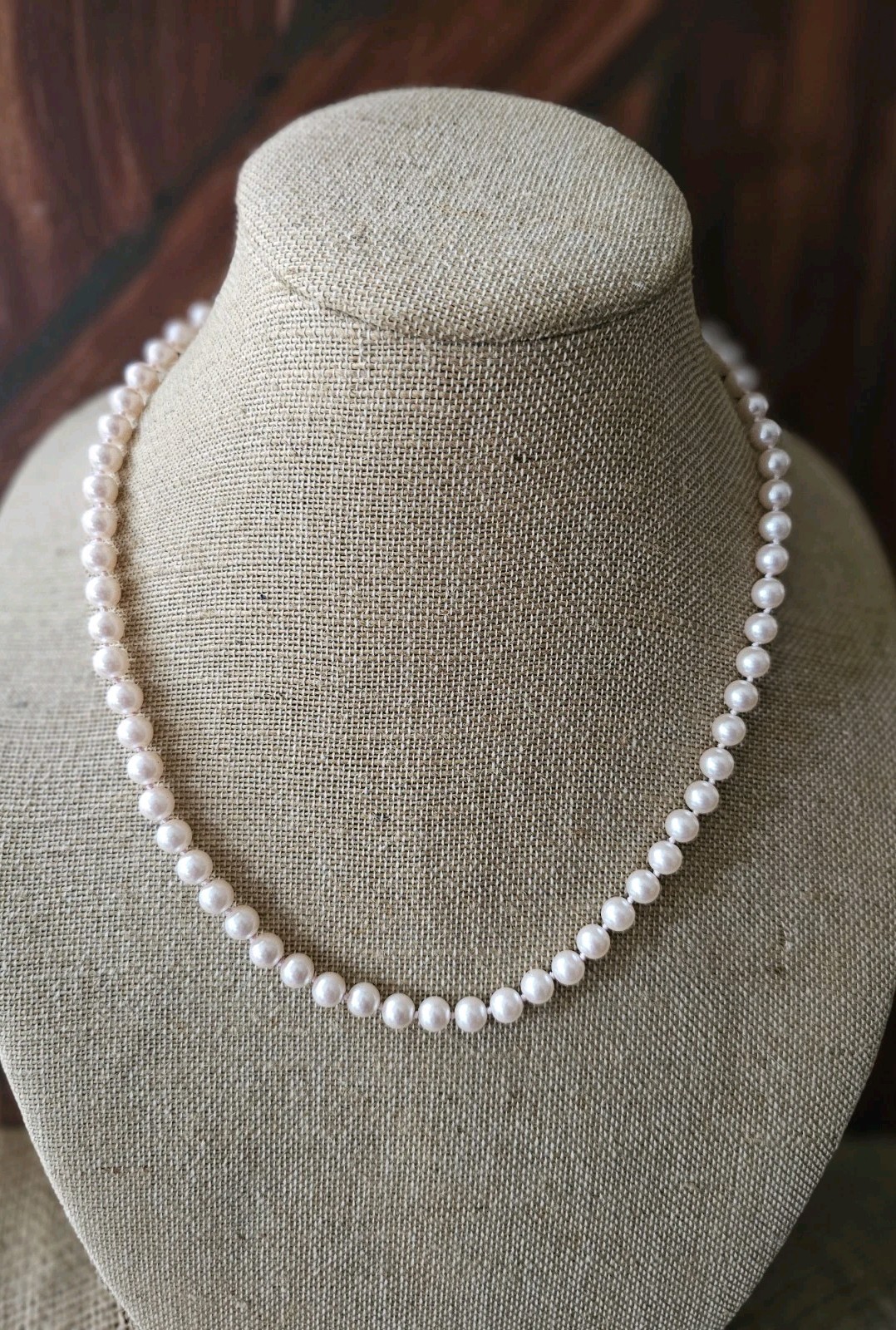 Vtg Sarah Cov Signed Knotted Faux Pearl Pink Necklace Fish Hook Clasp 8mm 22″