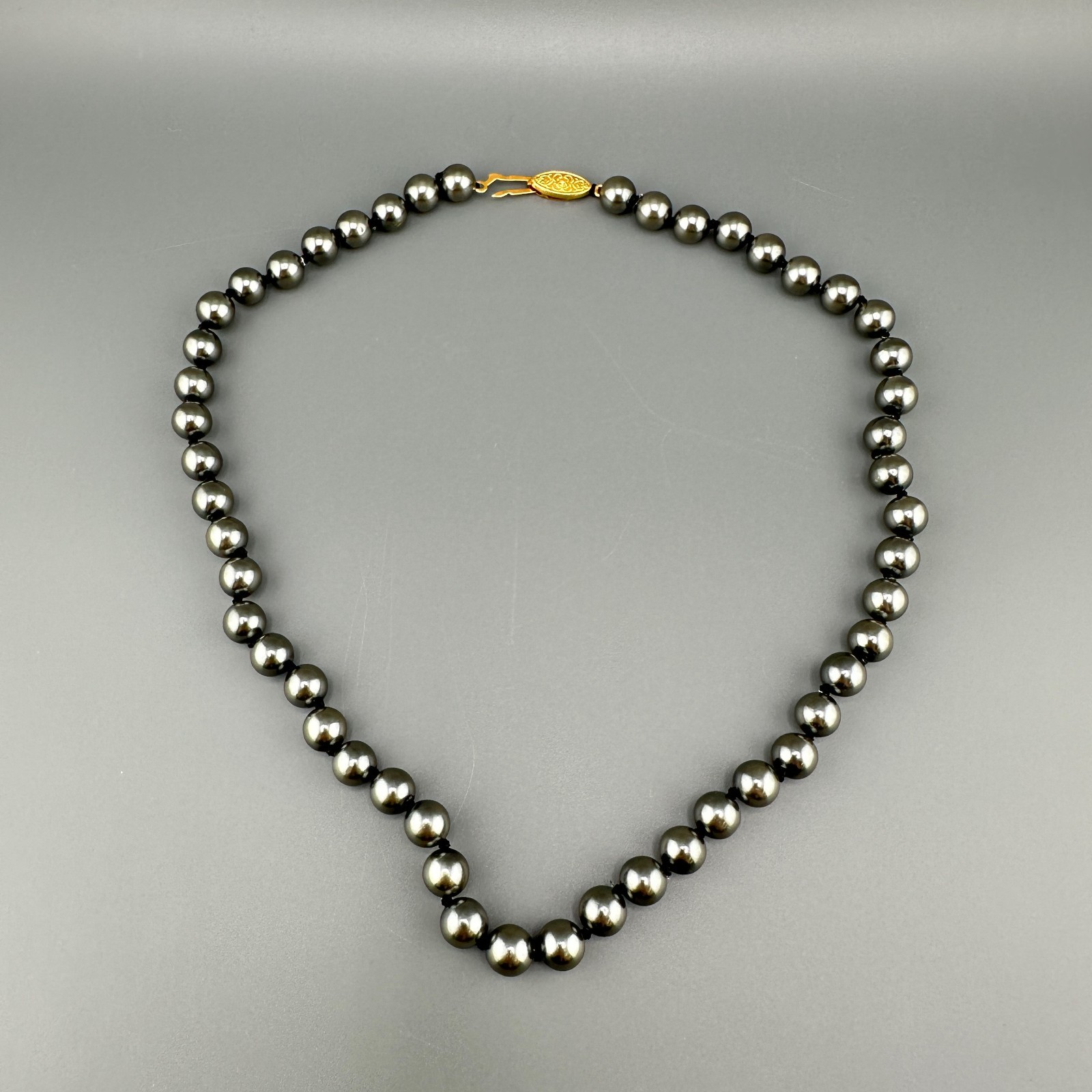 Vintage Glass Pearl Necklace Hand Knotted Charcoal Gray Gold Tone Filigree Clasp