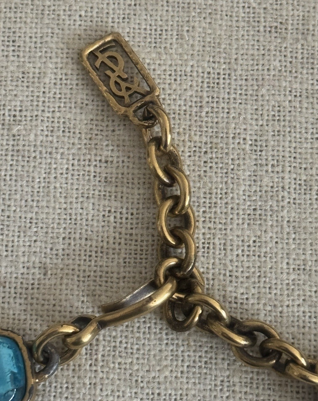 Vintage YSL Yves Saint Lauren Turquoise Blue Cabochon Chain Dangle Necklace 16”