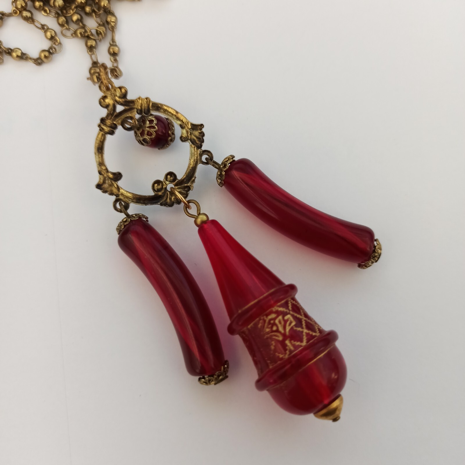 Vintage Red Necklace Rosary Beaded Tassel Long Lucite Art Deco Revival 23″ Boho