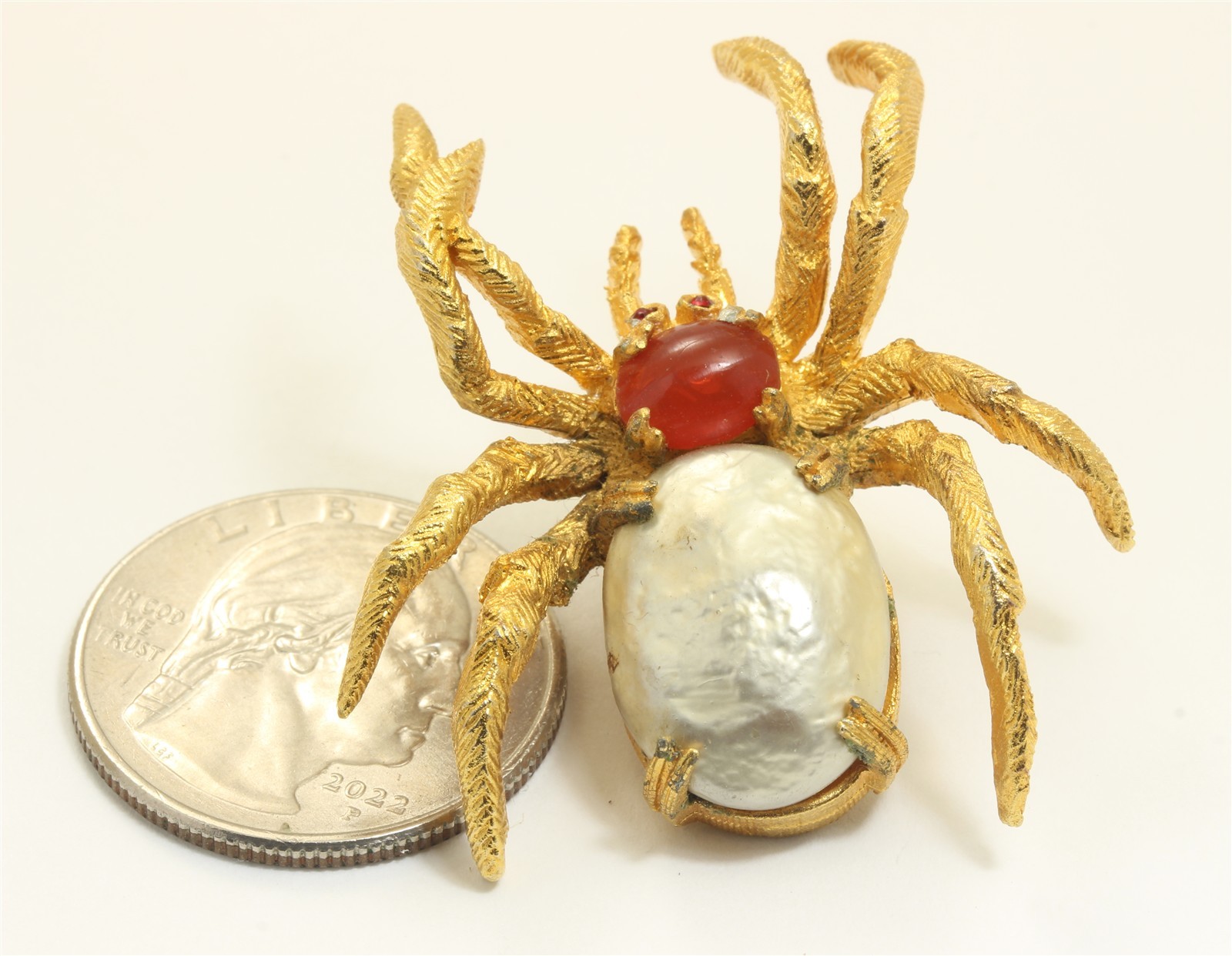 Vintage Mid Century Large Gold Tone Rhinestone Pearl Spider Lapel Pin