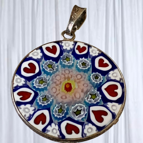 Italian Glass Handcrafted Pendant Mosaic Sterling Silver Flowers Heart