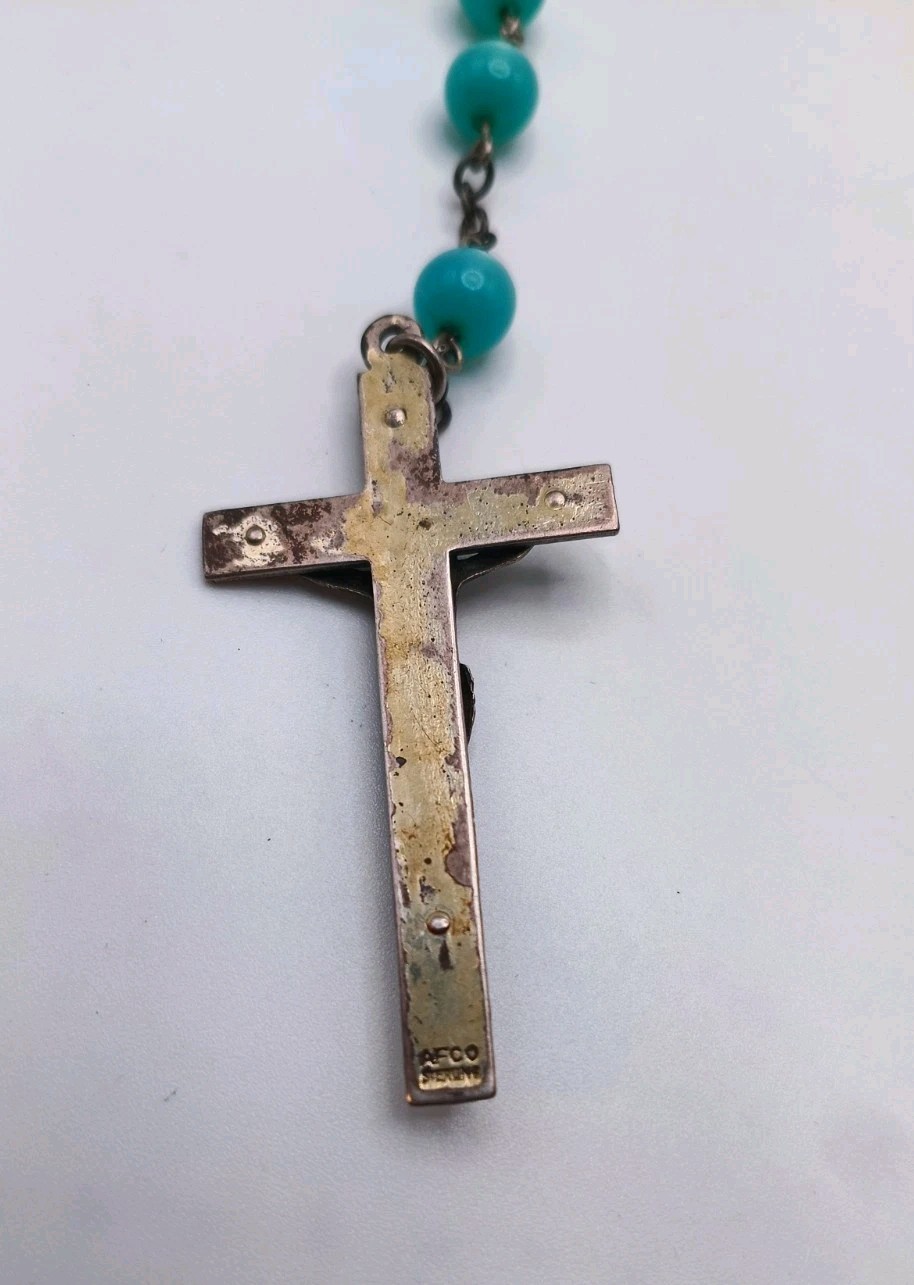 VINTAGE AFCO STERLING SILVER BLUE 58 Beads ROSARY CRUCIFIX Necklace