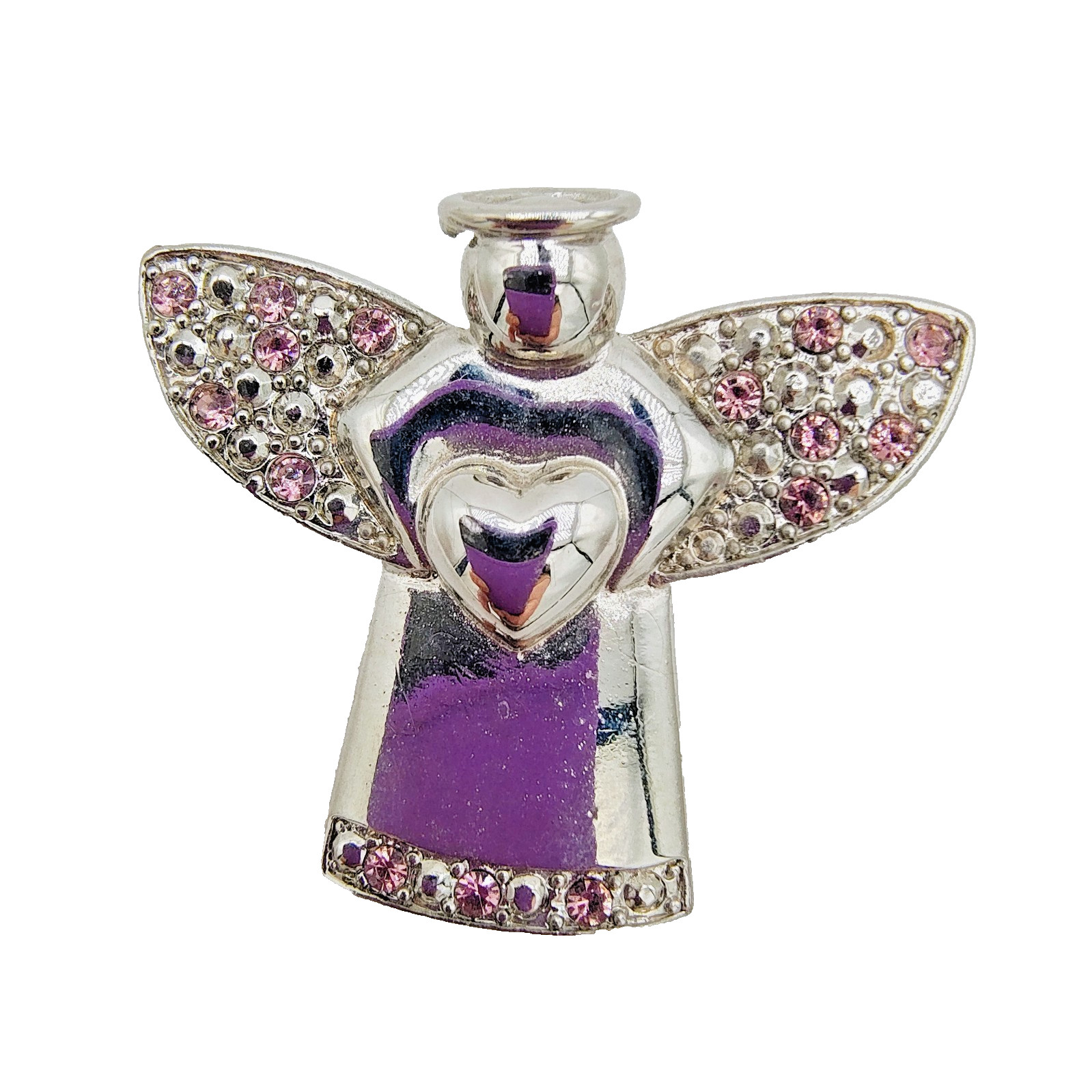Vintage Angel Holding Heart Brooch Silver Tone Pink Rhinestone Guardian