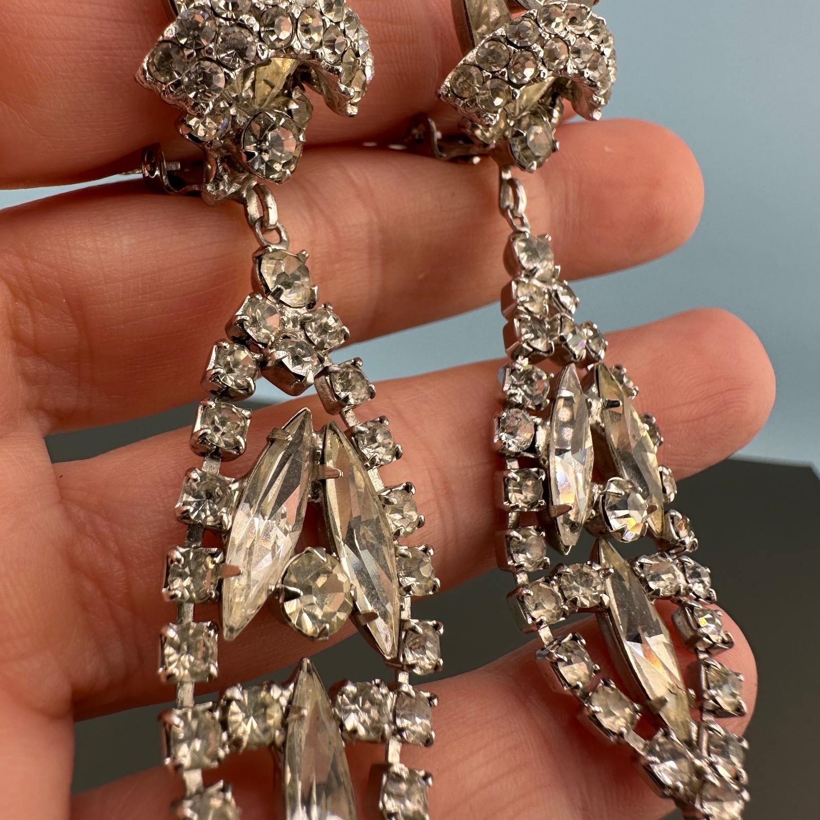 Vintage Rhinestone Earrings Chandelier Drop Clip On Statement Bridal Art Deco