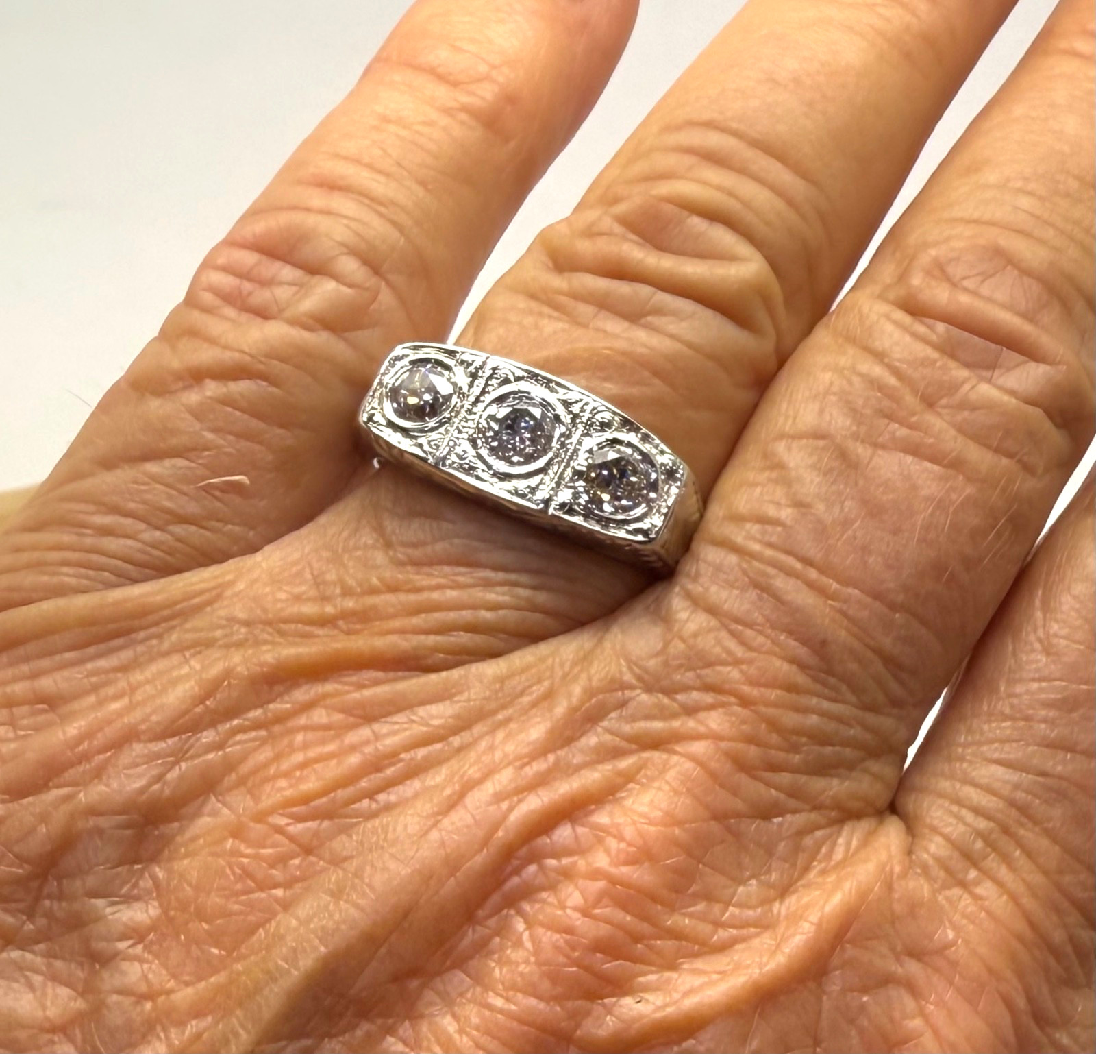 Antique 3 Old European Cut Diamond Ring 18 K White Gold w/Card Appraisal 8.5