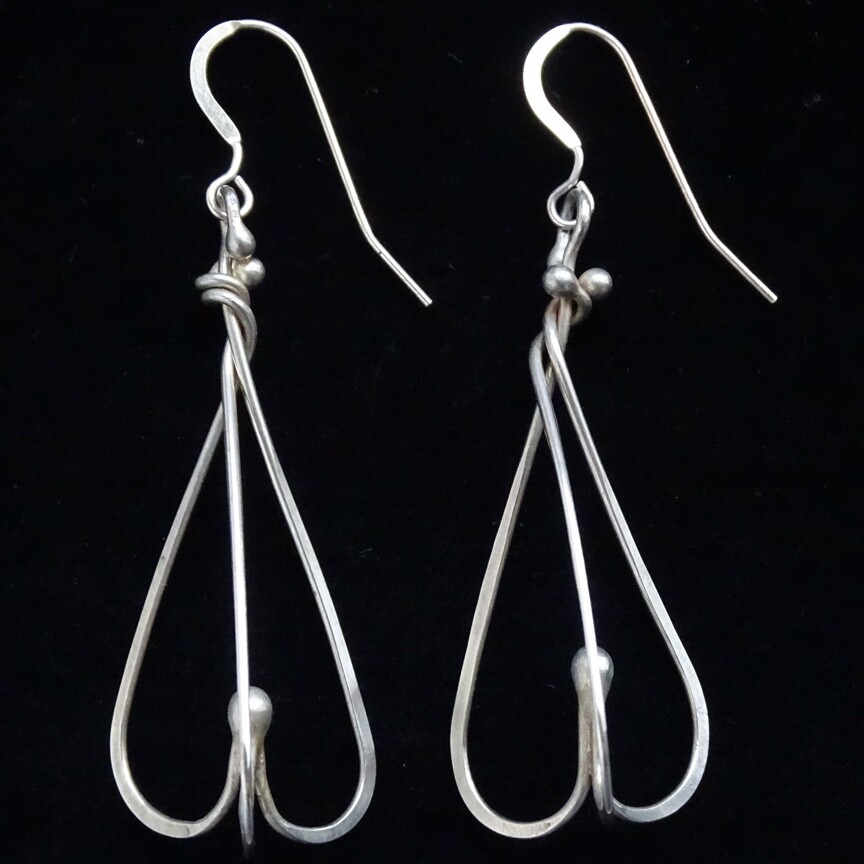 Vintage Modernist Pierced Drop Dangle Earrings Sterling Silver Wire Dimensional