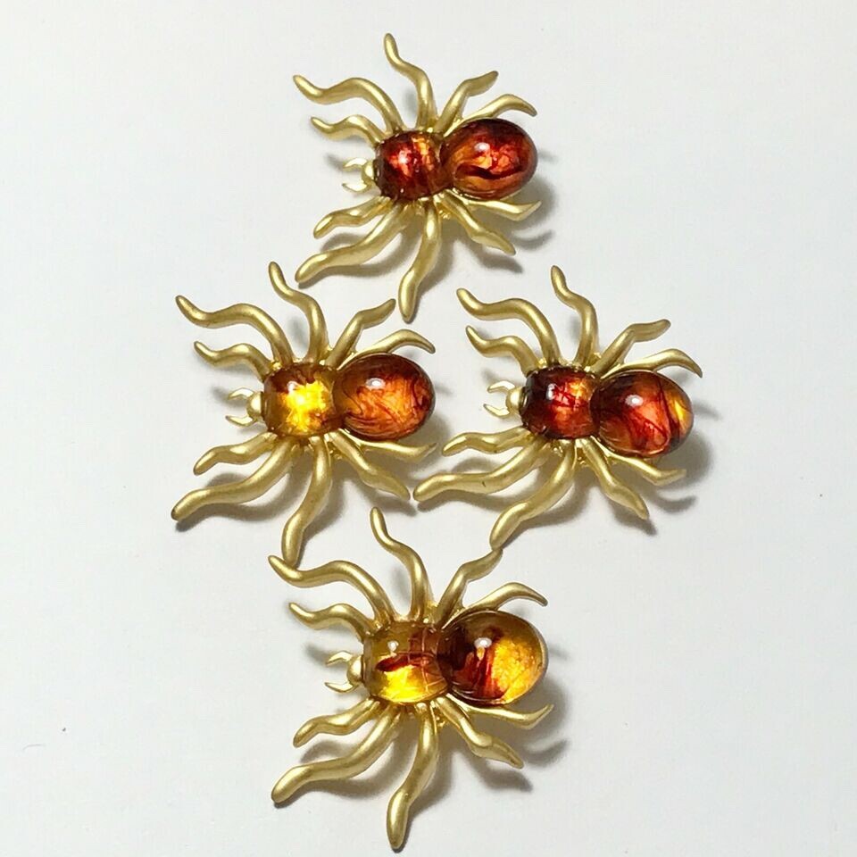 Vintage Honey Amber Spider Pin Brooch Insect Halloween Simulated Gold Plated