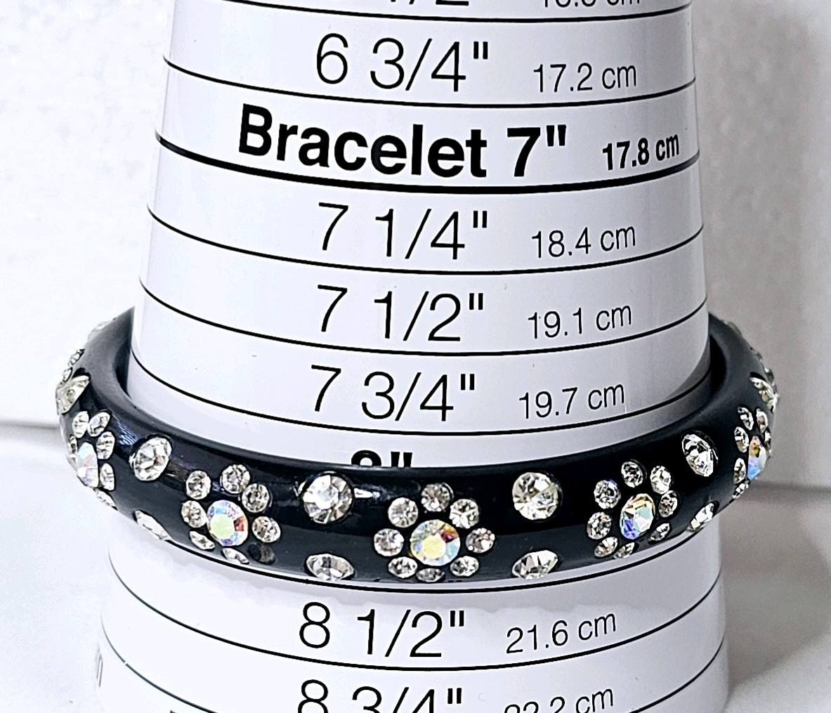 Vintage Bracelet Black Lucite Flowers White & AB Rhinestones All Around