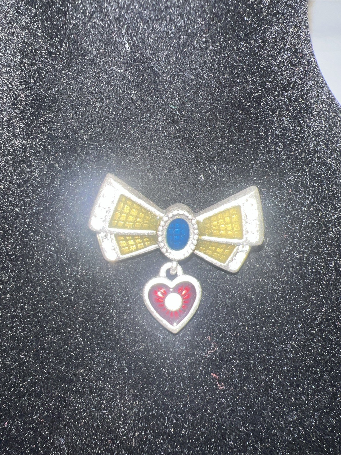 Vintage Silver Tone Multicolor Enamel Bow Heart Charm Brooch