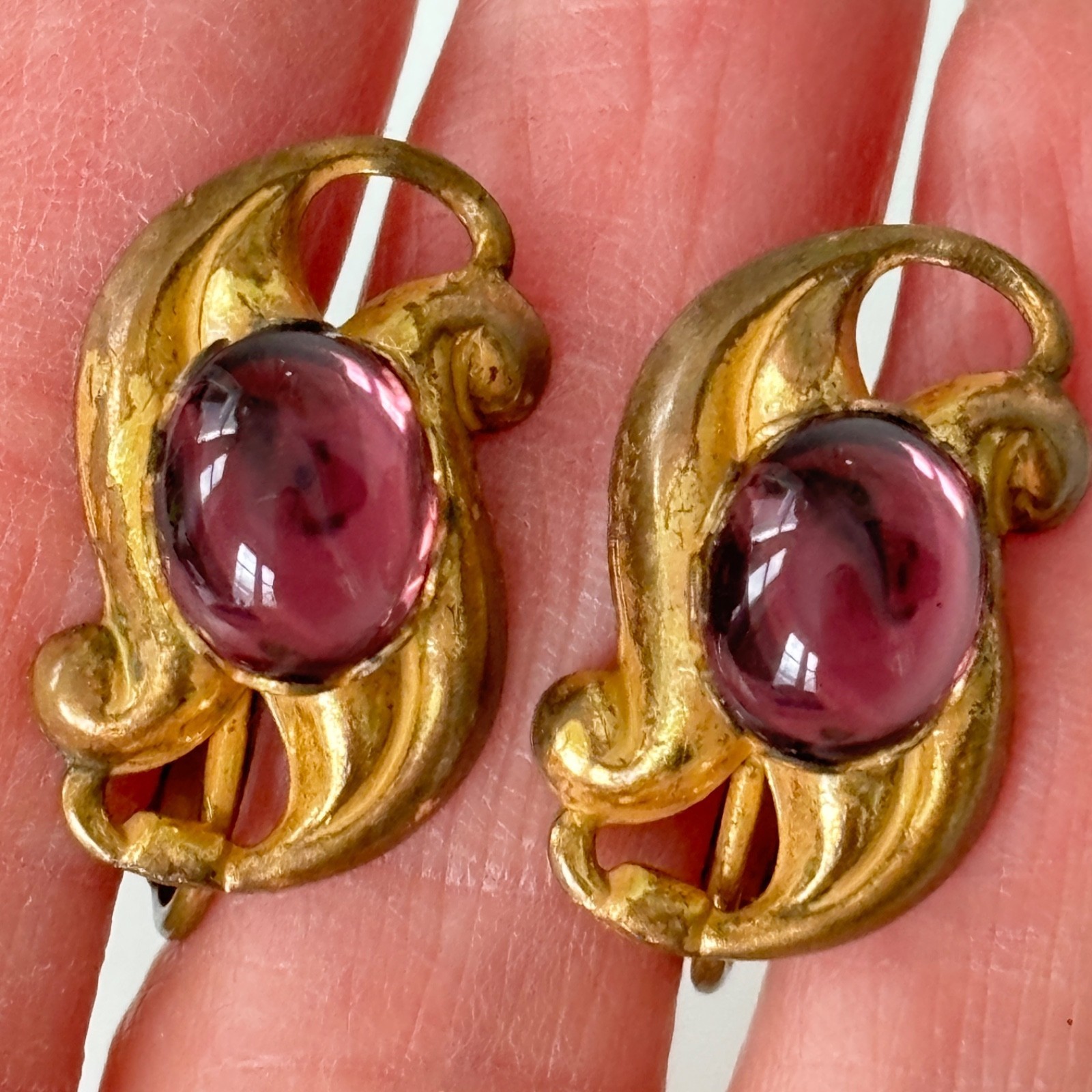 Vintage Miriam Haskell Earrings Signed Purple Pink Gripoix Glass Cabochon