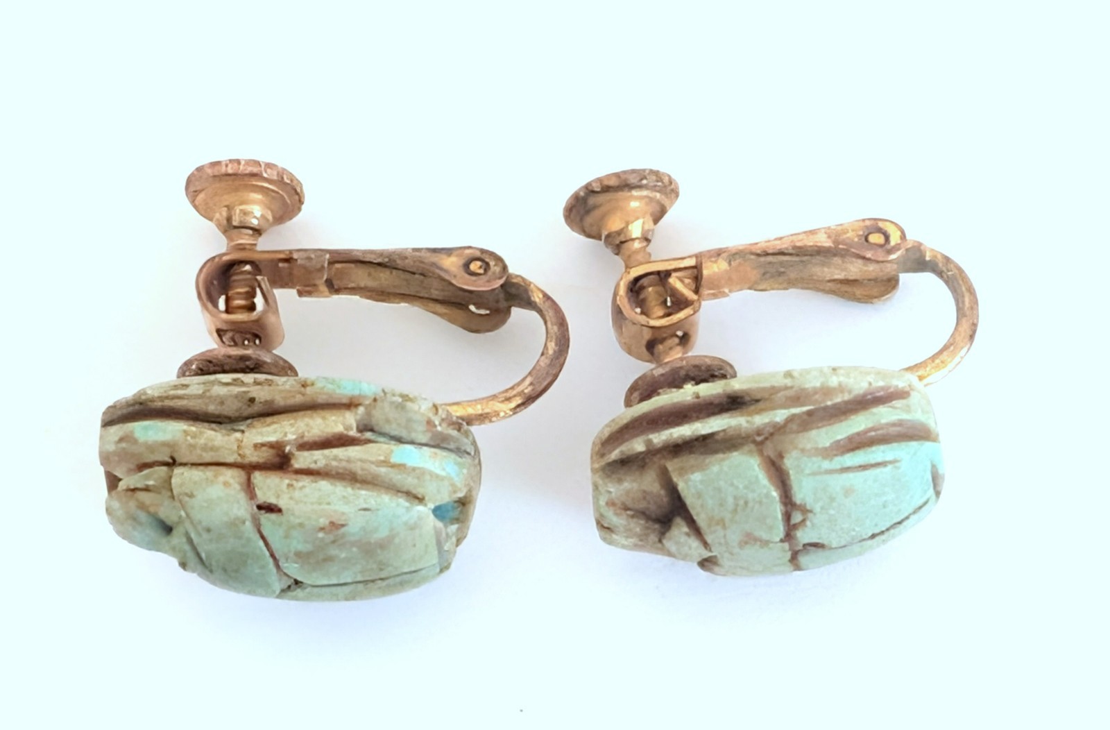 Wonderful Vintage Signed Miriam Haskell Egyptian Scarab Beetle Screw Earrings
