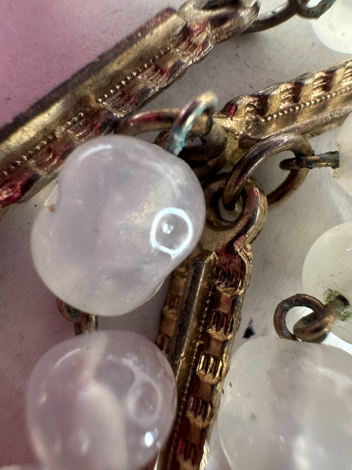 Vintage Necklace Glass Bead Station Bar Link Clear Milky Heavy Some Wear