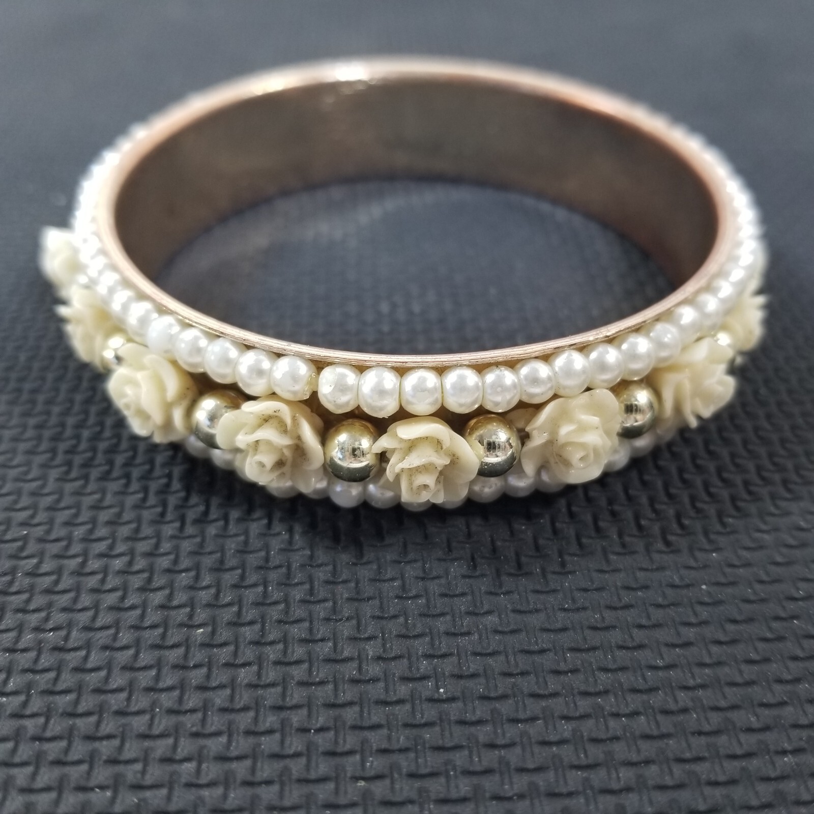 Faux Pearl Bracelet Flowers Vintage Statement Bangle