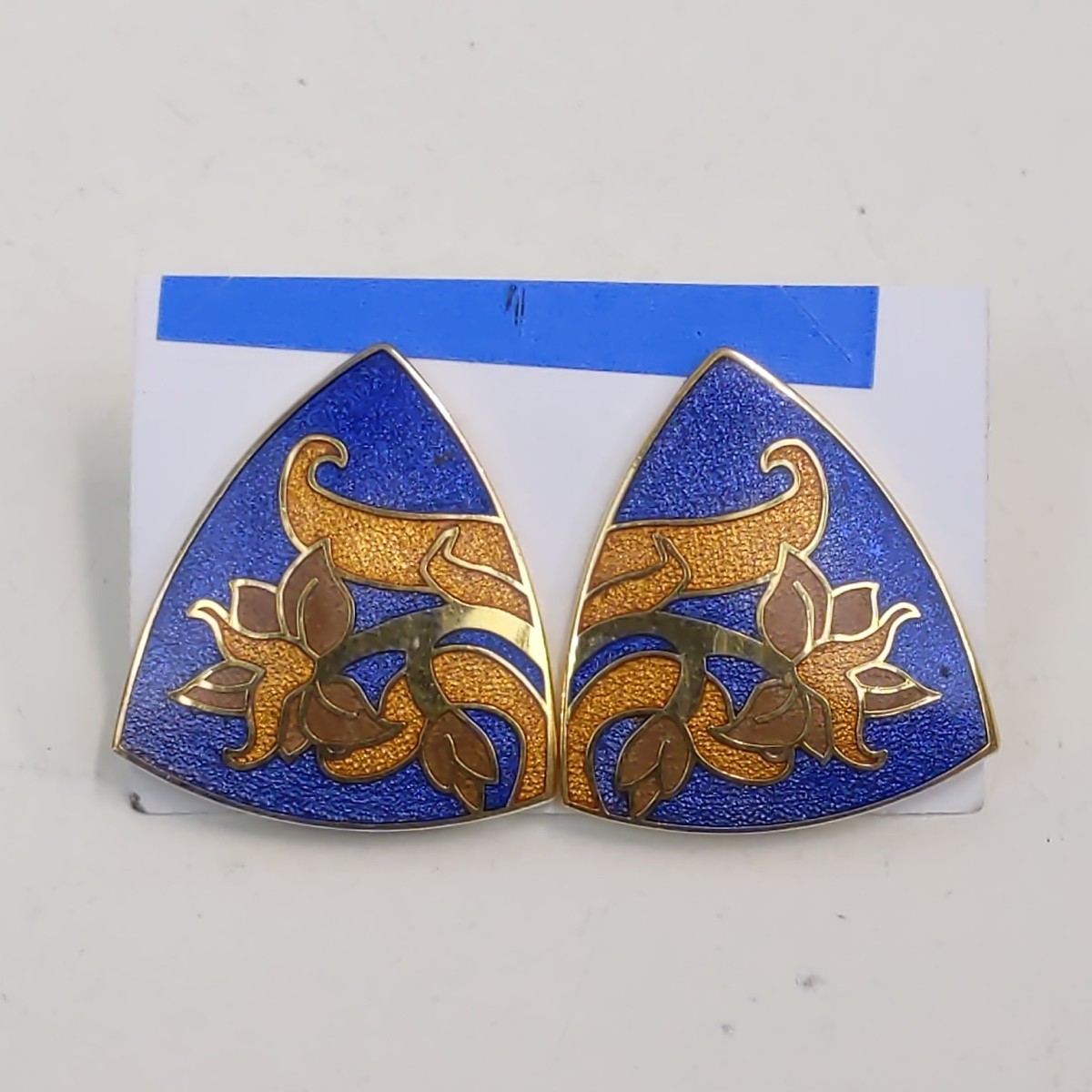 Isle of Skye Blue Gold Enamel Trillion Stud Earrings Vintage Scottish Jewelry
