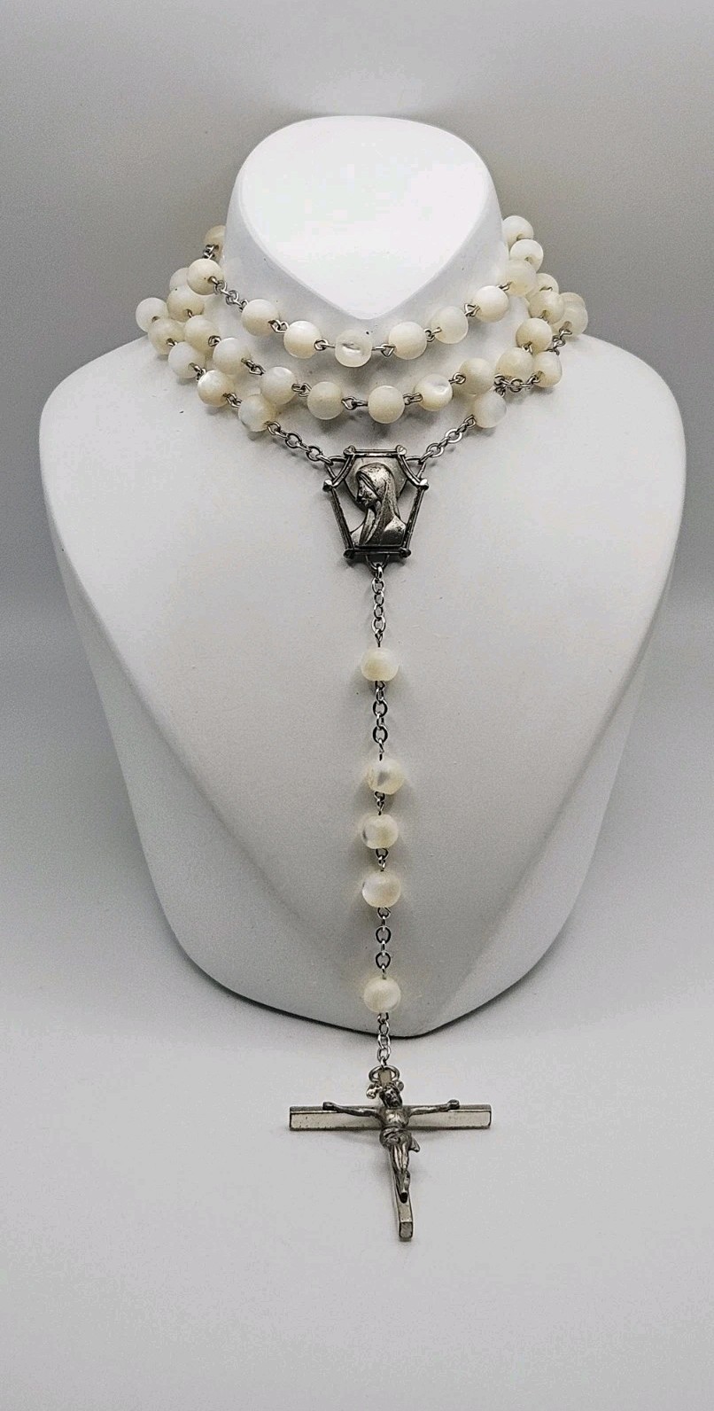 Gale Sterling Silver Mother Of Pearl Beaded Rosary Lariat Necklace 27″