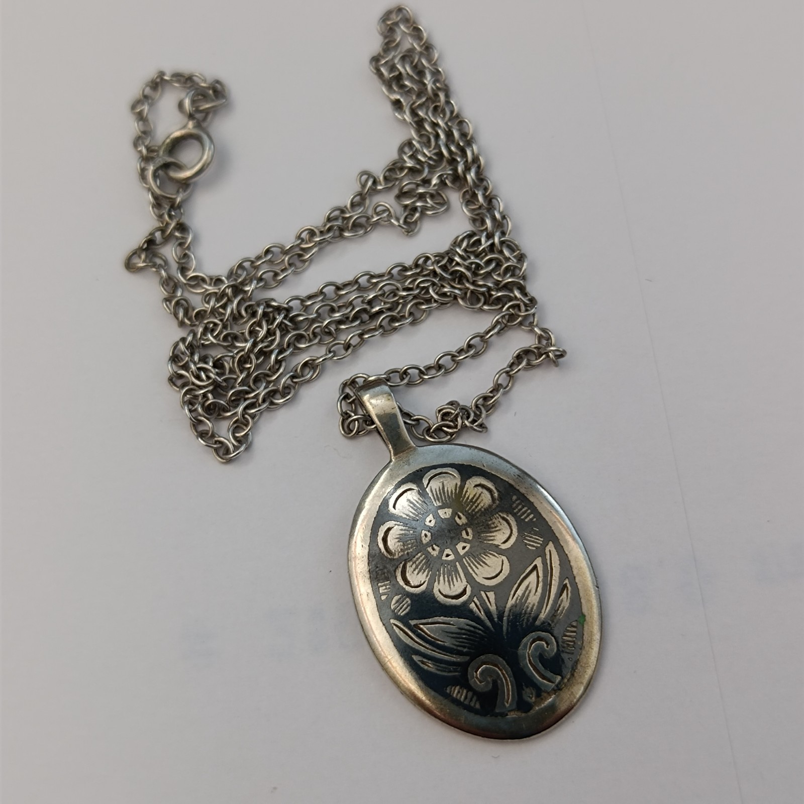 Russian Niello Necklace Silver 875 Floral Oval Traditional Pendant Vintage Long