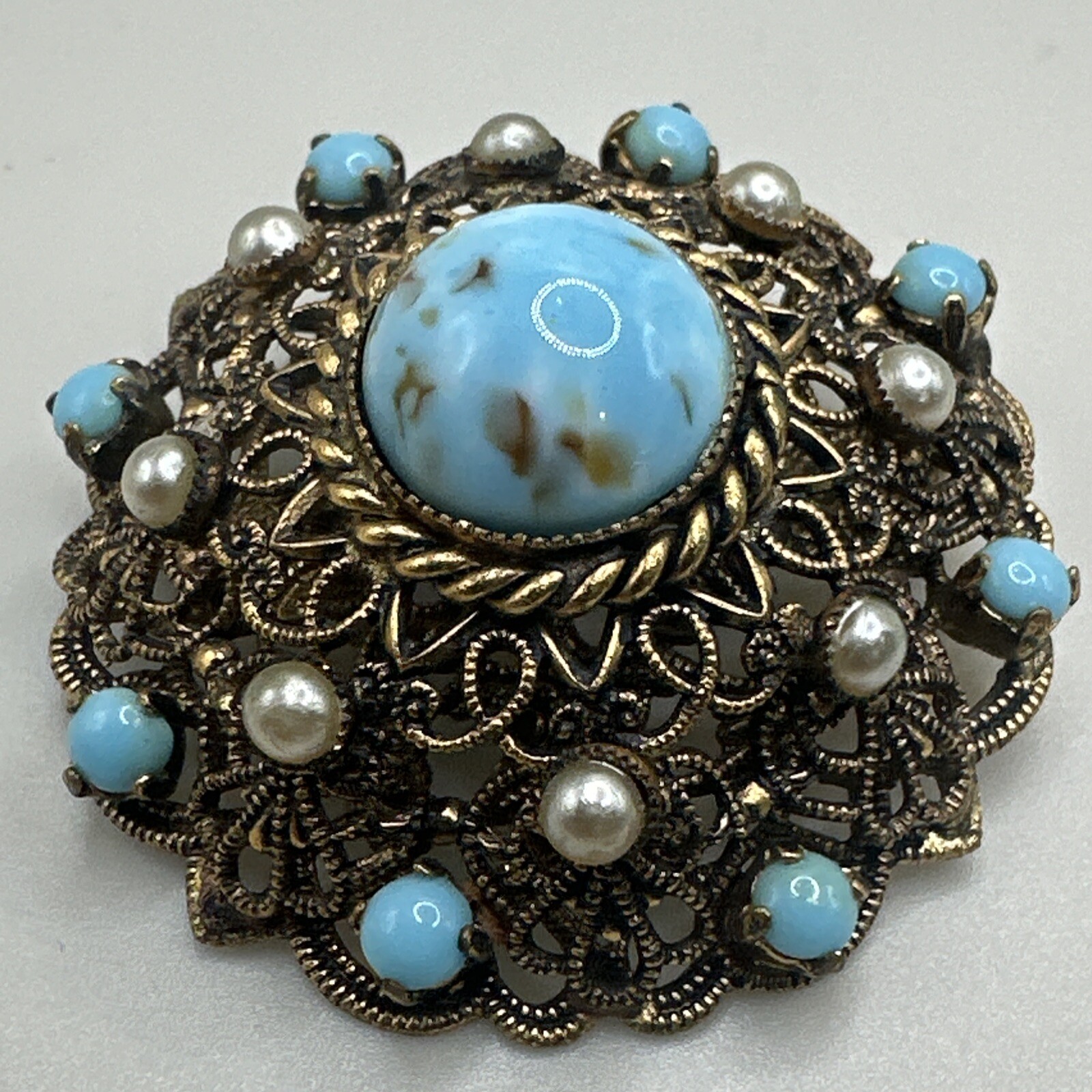 Vintage W Germany Turquoise Glass Cannetille Brooch Filigree Aqua Rhinestone Pin