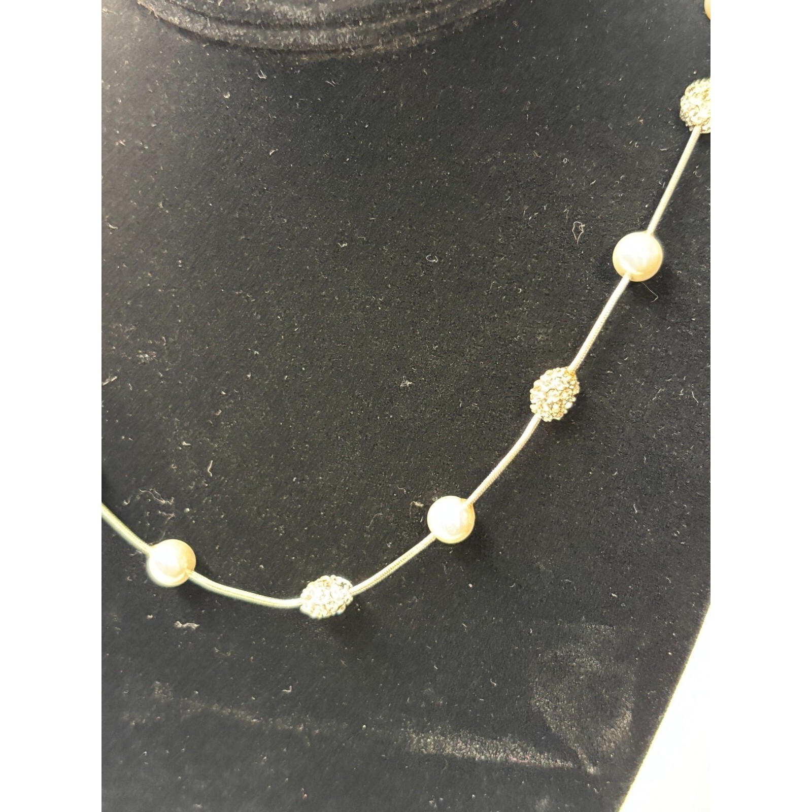Necklace Silver Tone with Rhinestone and Pearl Retro Signed Anne Klein
