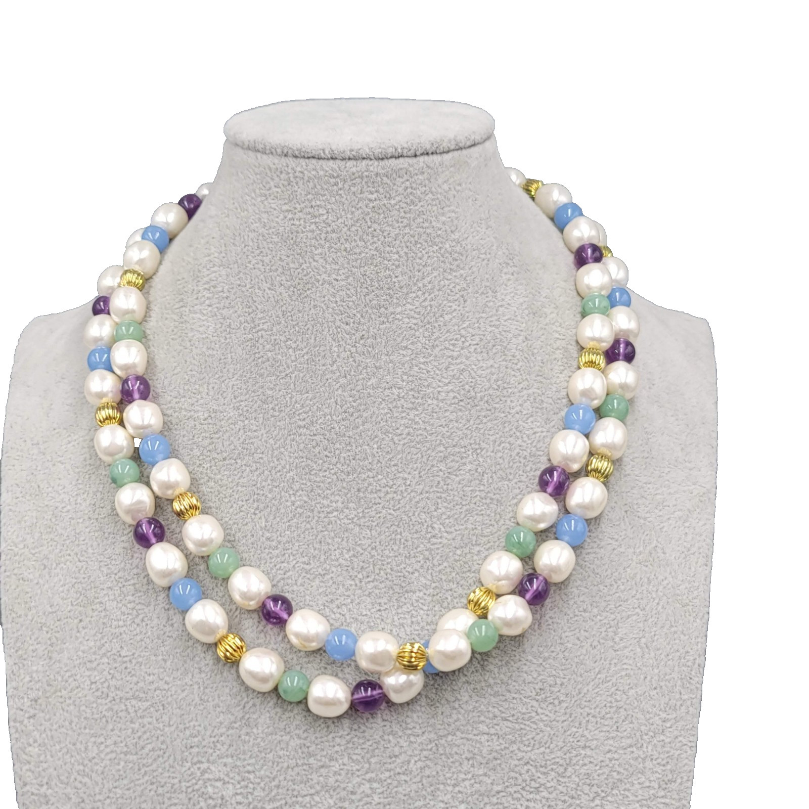 Vintage White Purple Green Bead Necklace Estate Costume Jewelry 36 in