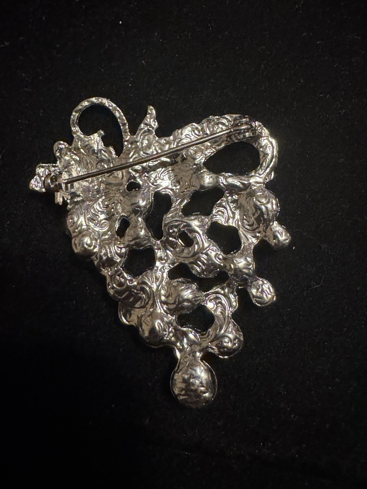 1928 Bunch Of Grapes Brooch, Metal with Faux Gray Pearls and White Rhinestones