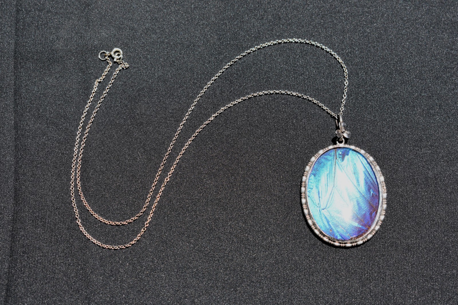 Vintage Morpho Butterfly Wing Art Deco Pendant Necklace Sterling Silver England