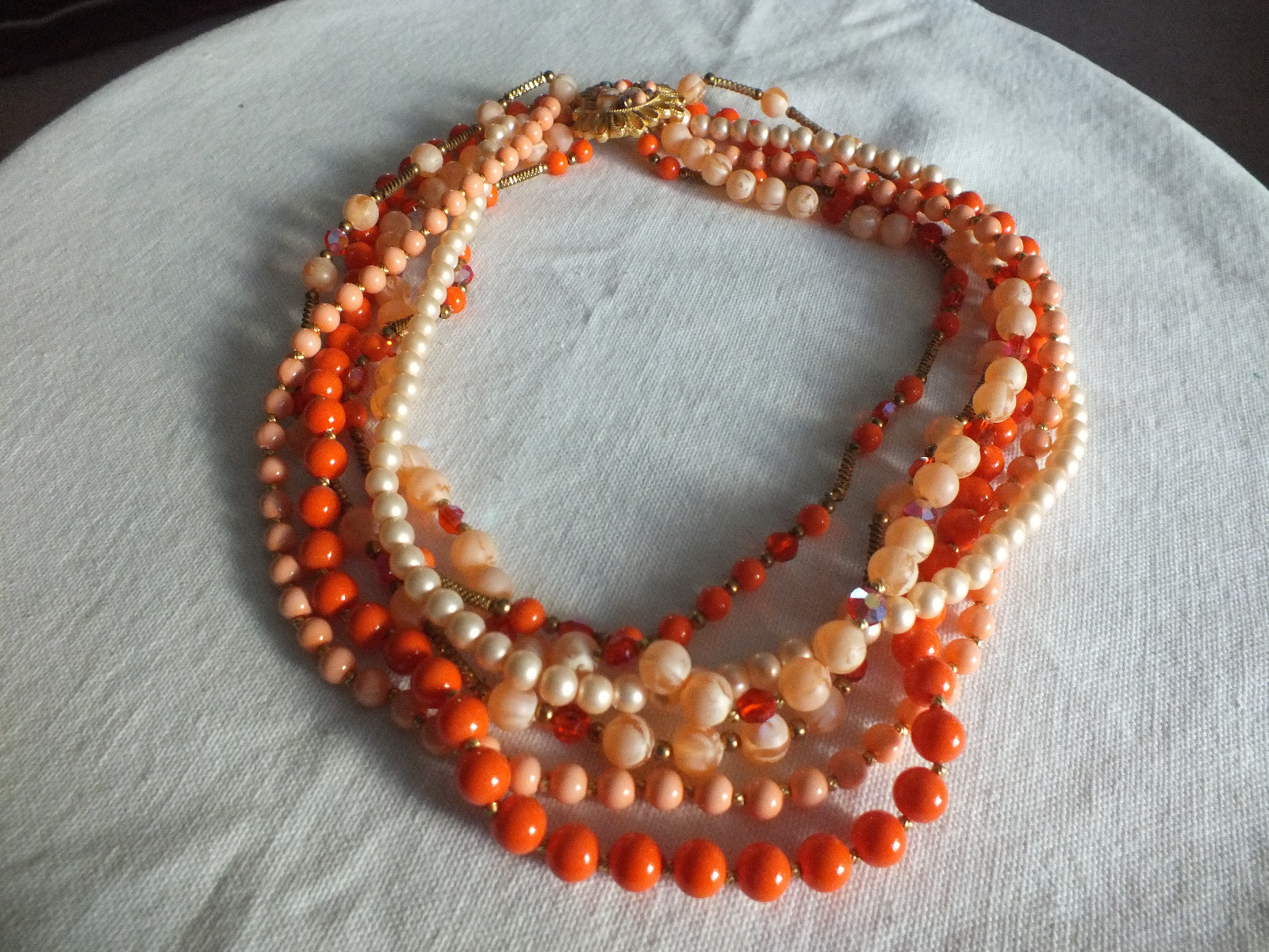 Beautiful Necklace Gold Tone Orange Peach Cream AB Rhinestones 6 Strand 22″ WOW
