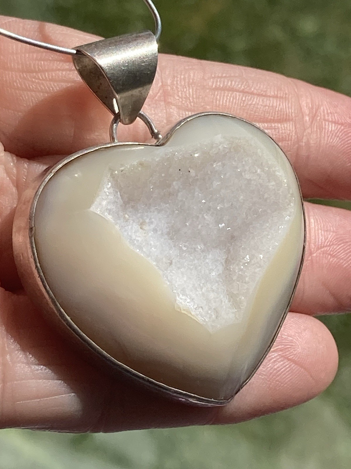 Druzy Pendant Sterling Signed Fifirose 925 Necklace Quartz Heavy Big bail Heart
