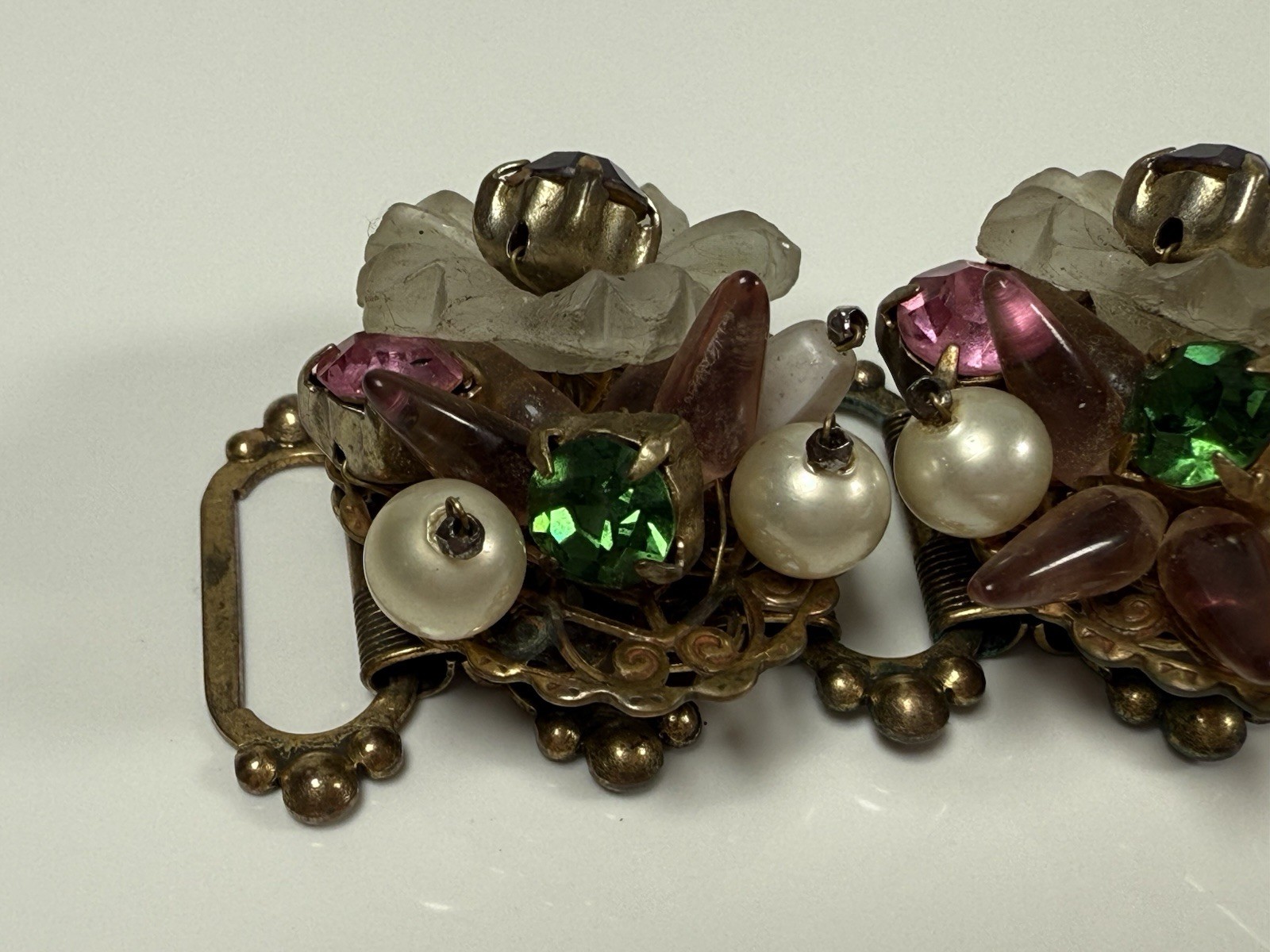 Antique Flower Glass Beaded Rhinestone Panel Bracelet 7″ Chunky 3D Book Chain