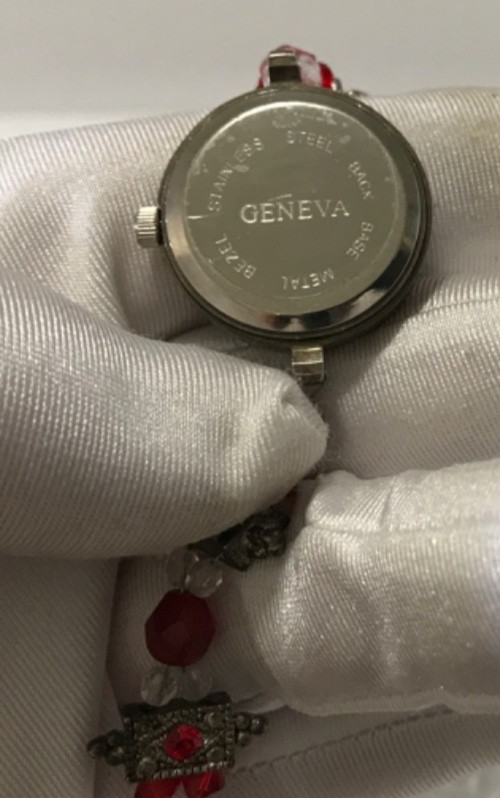 Vintage Geneva Red Clear Beads Ladies Watch Bracelet Silver Tone New Battery