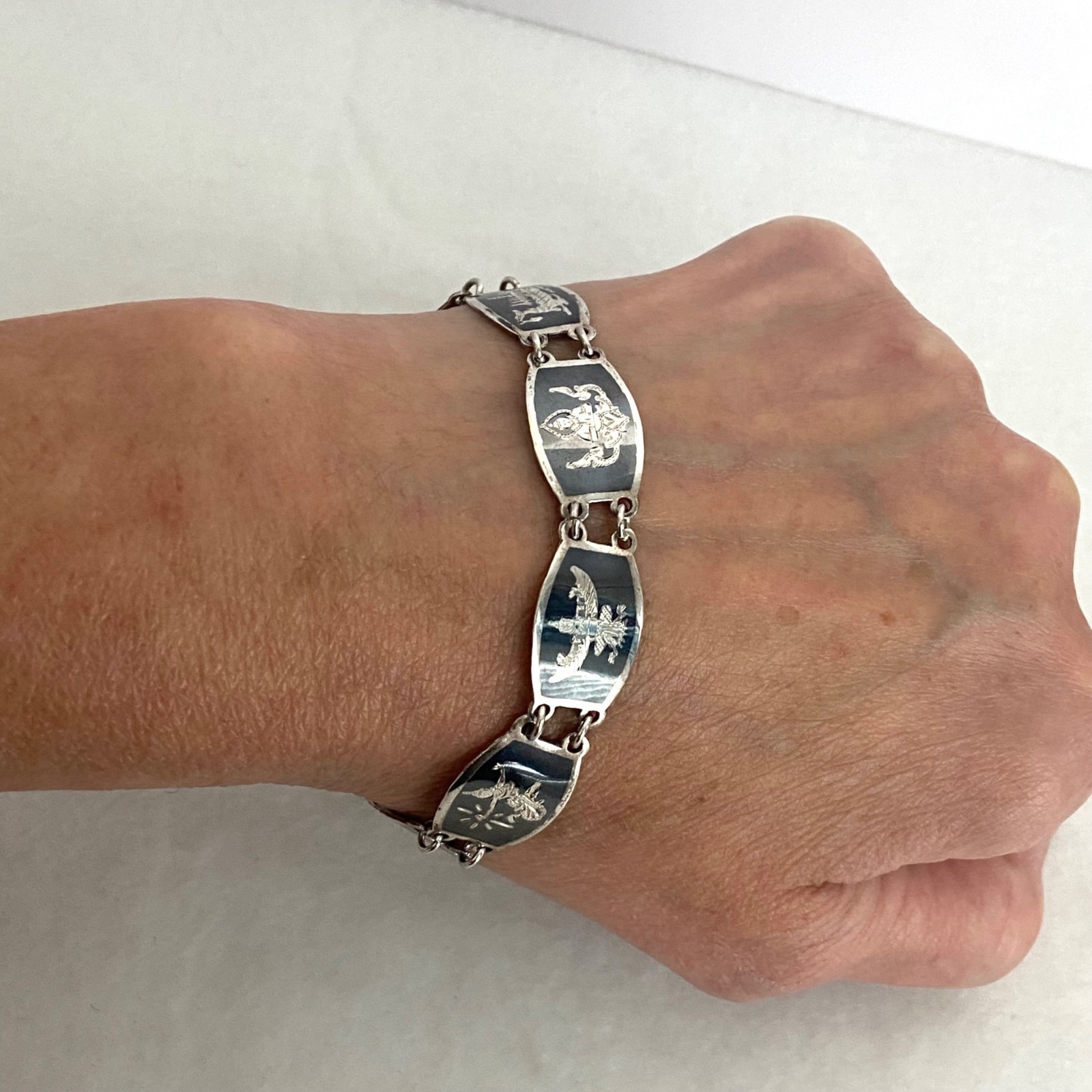 Signed SIAM Thai Sterling Silver 925 Black Niello Garuda Panel Bracelet 6.75″