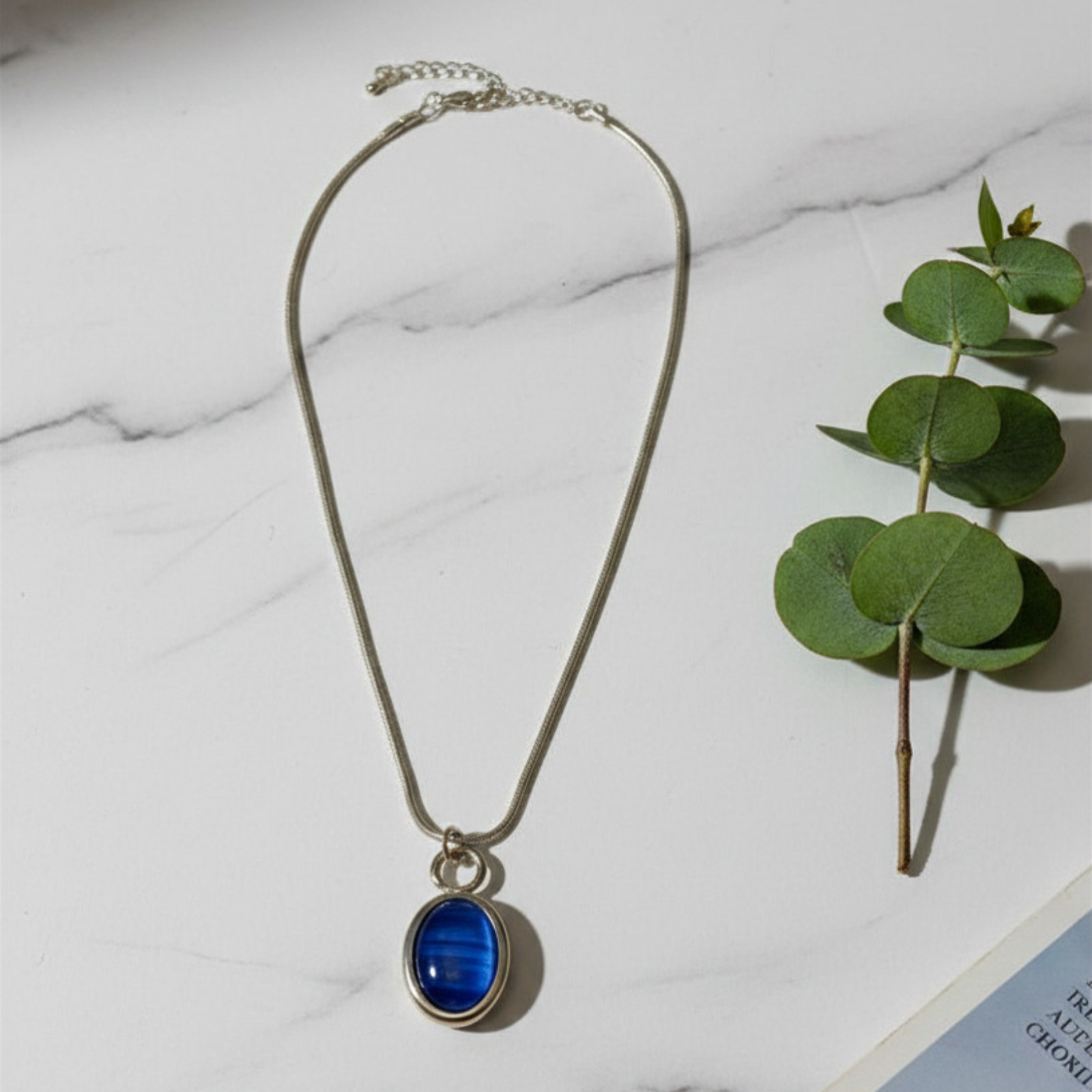 Vtg 2000s Deadstock Silver Tone Cobalt Blue Pendant Necklace 16″ Snake Chain Y2K