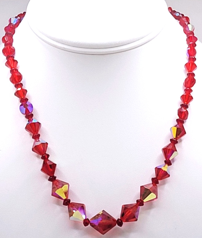 Vintage Ruby Red AB Bicone Bead Aspirin Crystal Bead Necklace Cluster Box Clasp