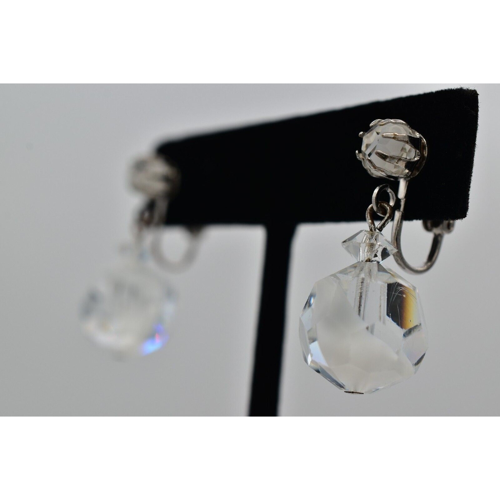 Vintage Crystal Clip On Earrings Silver Dangle Clear Ball Drop Glam 1950s A24