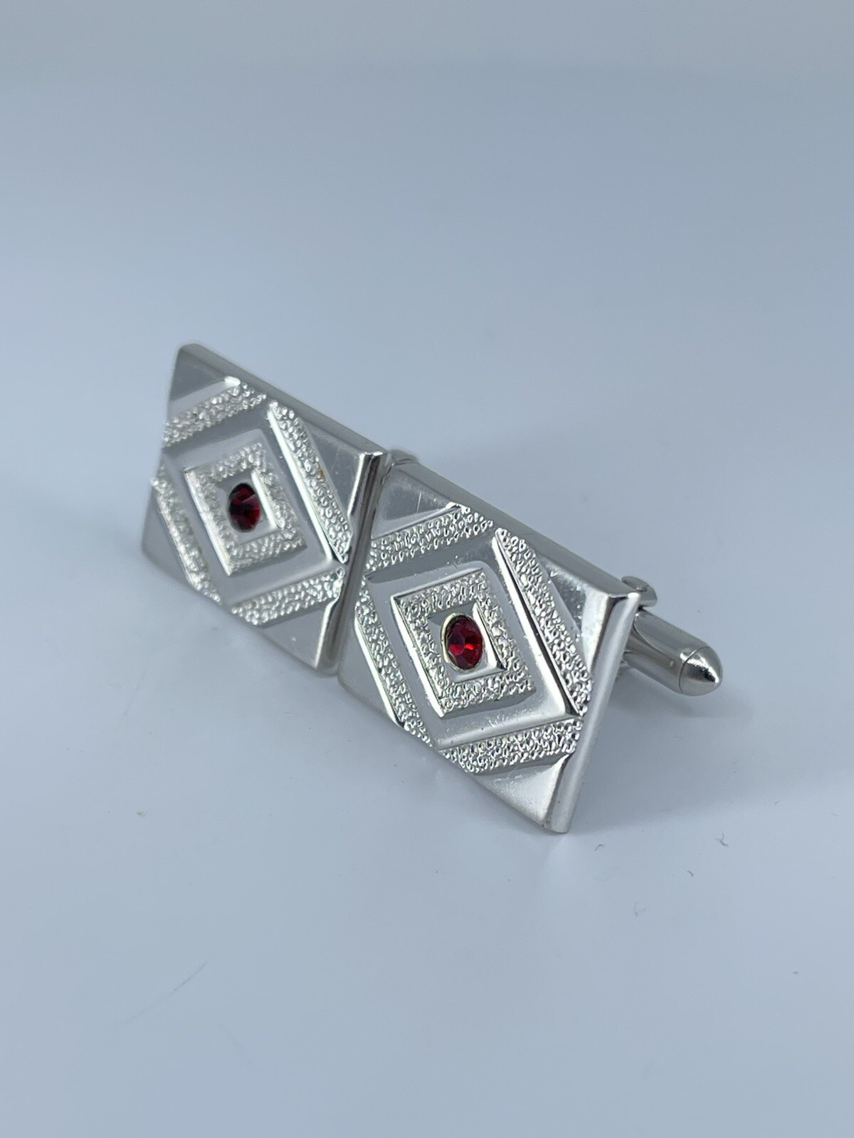 Swank rectangle cufflinks red rhinestone brushed polished silver tone